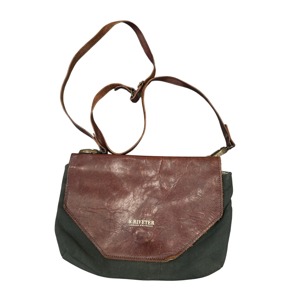 R.Riveter Crossbody Bag Womens Small Green Brown Canvas Leather Handmade USA
